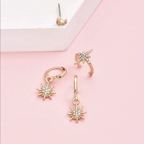 Bohemian Sun Moon Stars Celestial Faux Gold and Diamond Stud - Picture 3 of 5
